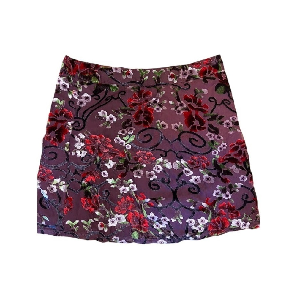 Honey Belle Burgundy Floral Burnout Velvet Mini Skirt Red Purple Scroll Size L
